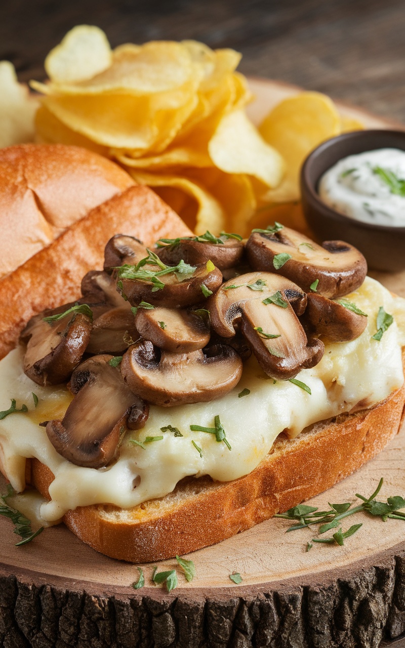 A savory garlic butter mushroom sandwich with melted cheese and fresh herbs on a wooden board.